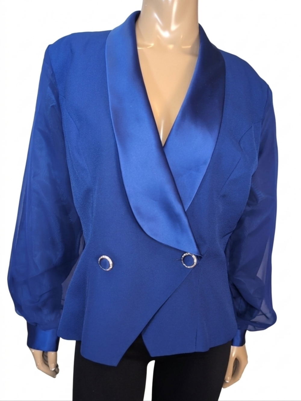Vintage Galleria Royal Blue Blazer Sheer Balloon Sleeve Rhinestone Button 90s